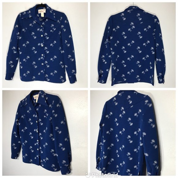 Vintage 70s Blue Button Front Jacket, Pointy Dagger Collar Western Style Floral - Picture 2 of 16